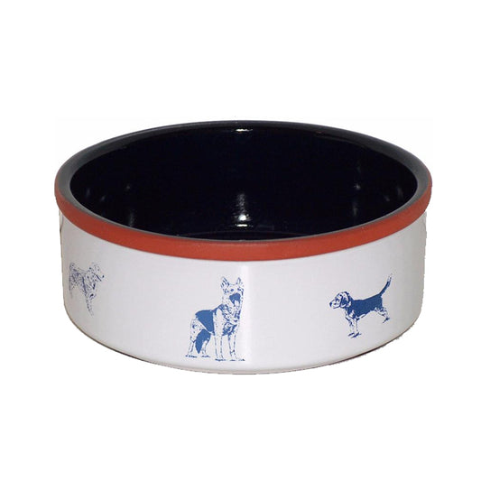 Matskål Terracotta Glaserad Vit Med Blå hundar